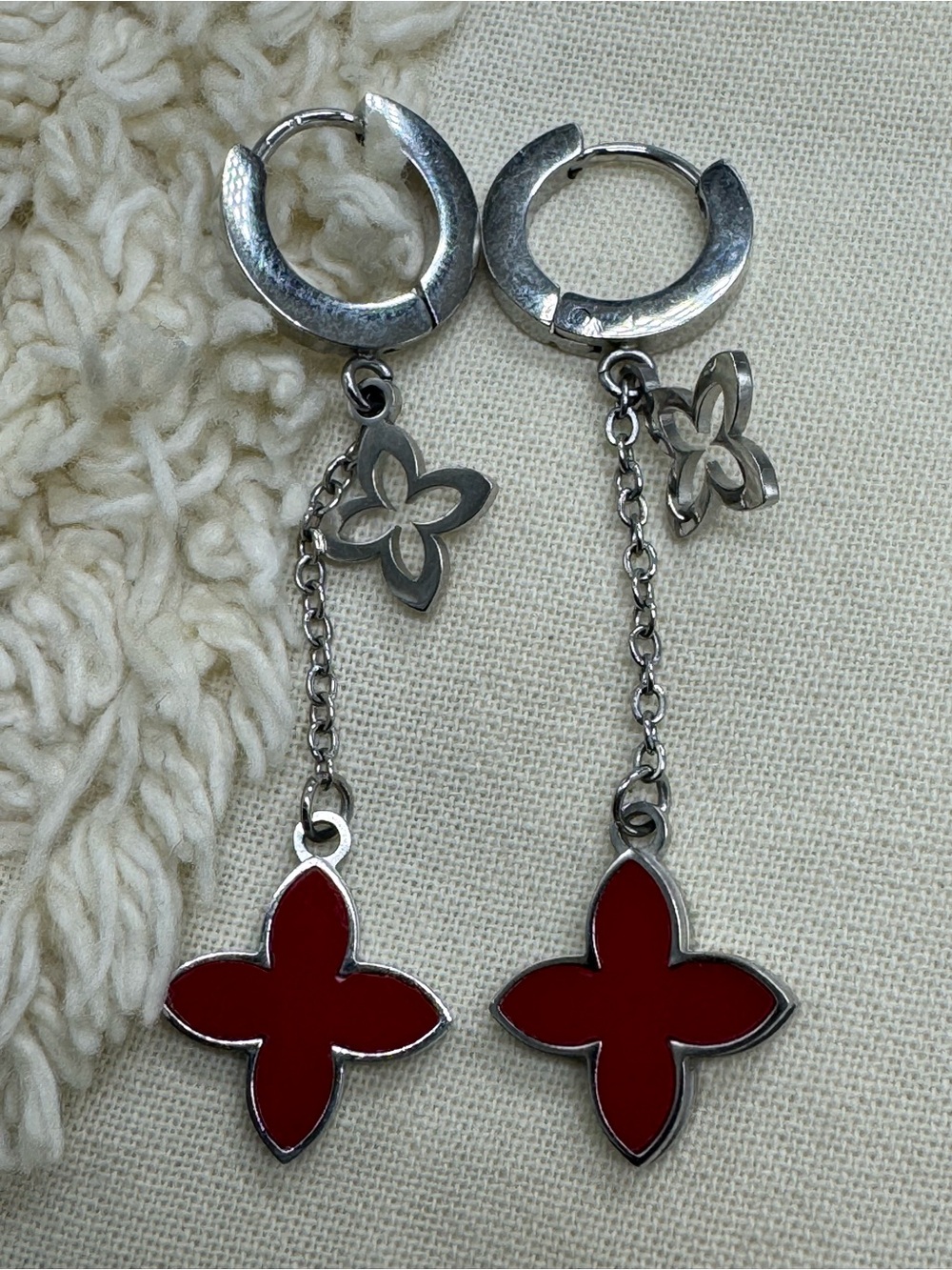 Red Enamel Four-Leaf Clover Long Dangle Earrings